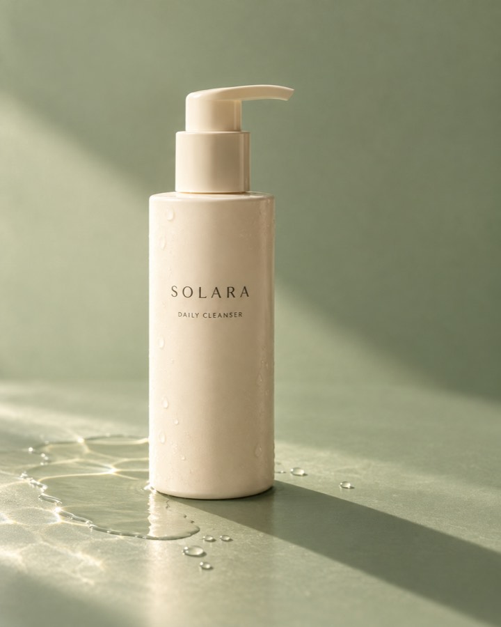 Solara Daily Cleanser on a sage green counter