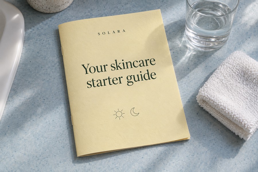 A yellow Solara skincare guide on a blue counter