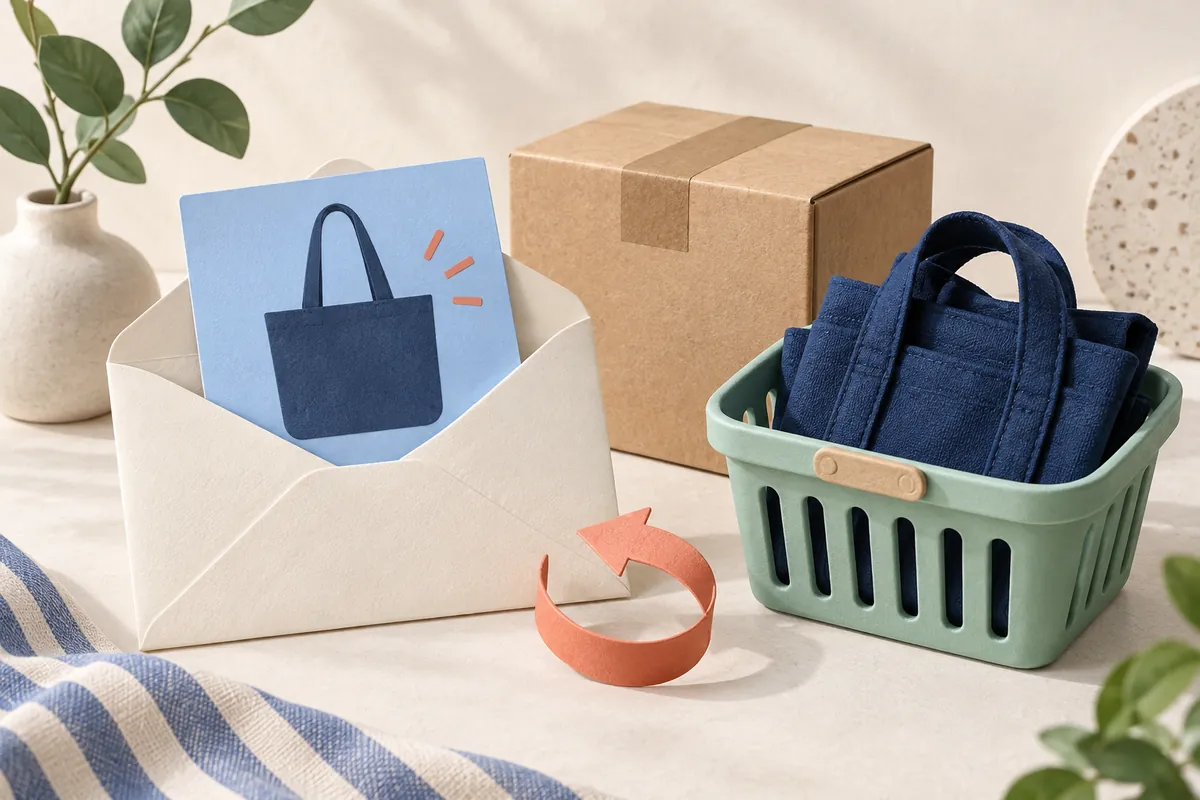 Illustration of an envelope with a tote product card beside a shopping basket and parcel.