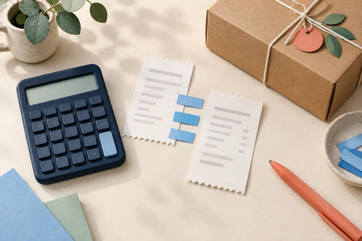 Illustration of a calculator, two blank order receipts and a parcel arranged for comparison.