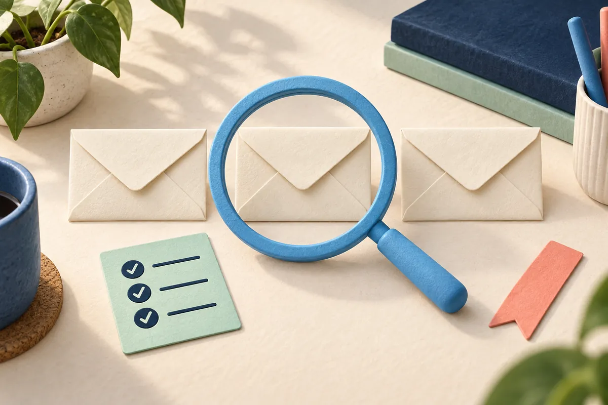 Illustration of three envelopes with a magnifying glass and a short checklist.