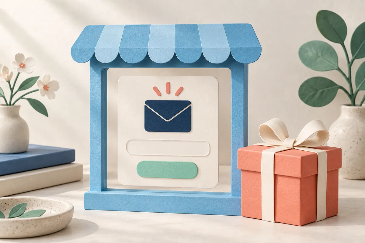 Illustration of a shop window containing an envelope, a blank signup field and a button.