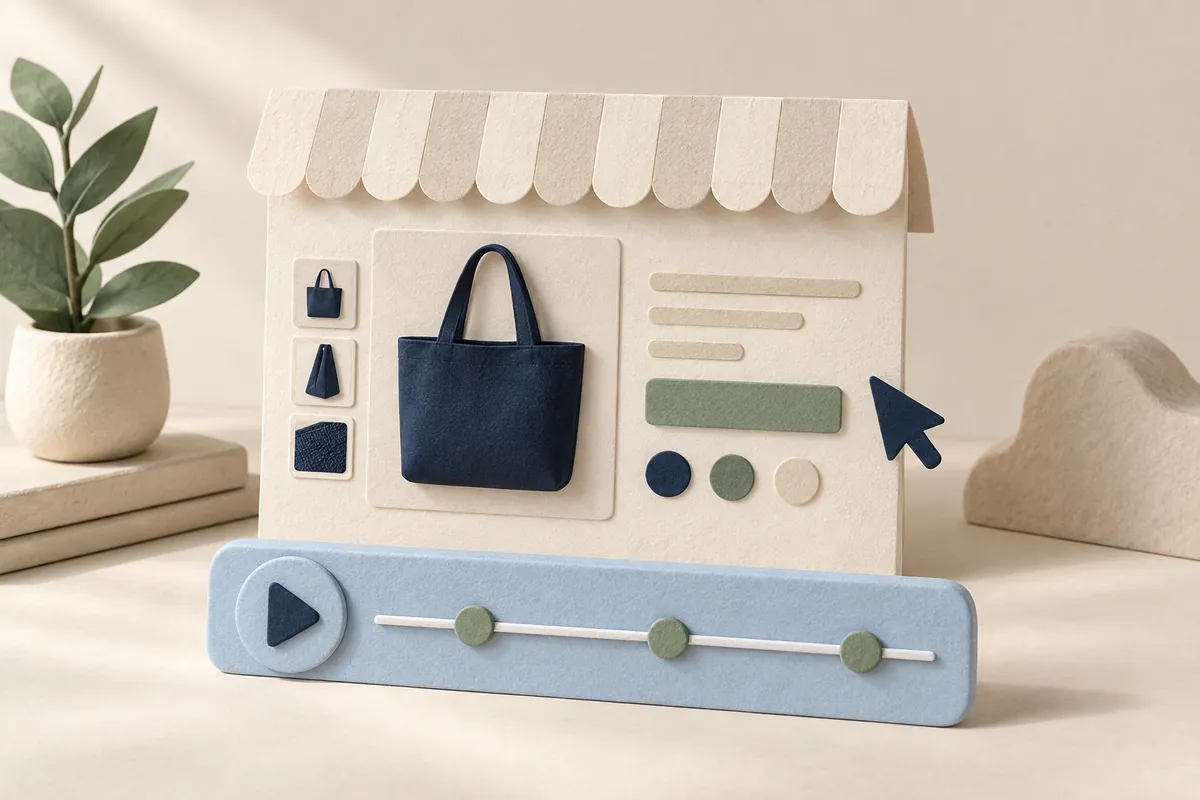 Paper storefront with a navy tote, cursor and replay timeline.