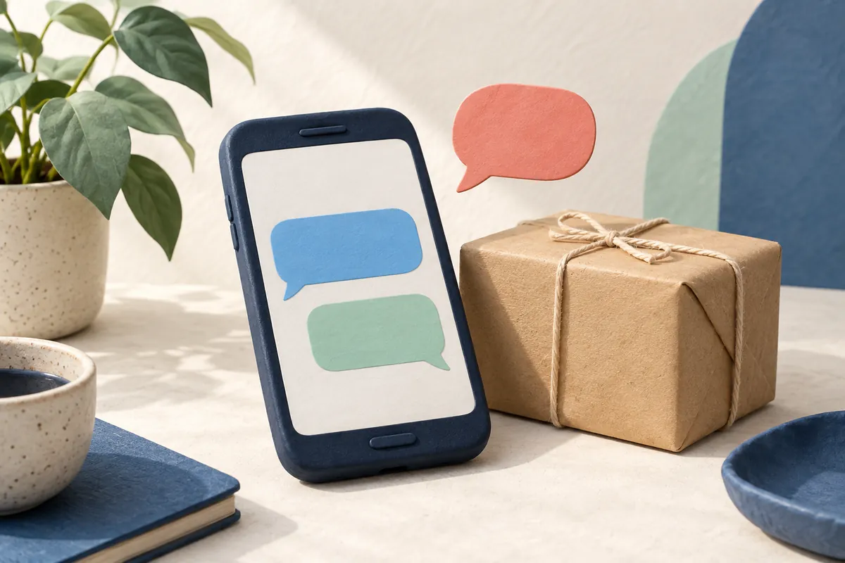 Illustration of a phone with two blank chat bubbles beside a parcel.
