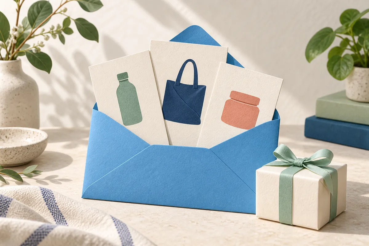 Illustration of a blue envelope holding bottle, tote and jar product cards beside a small gift.
