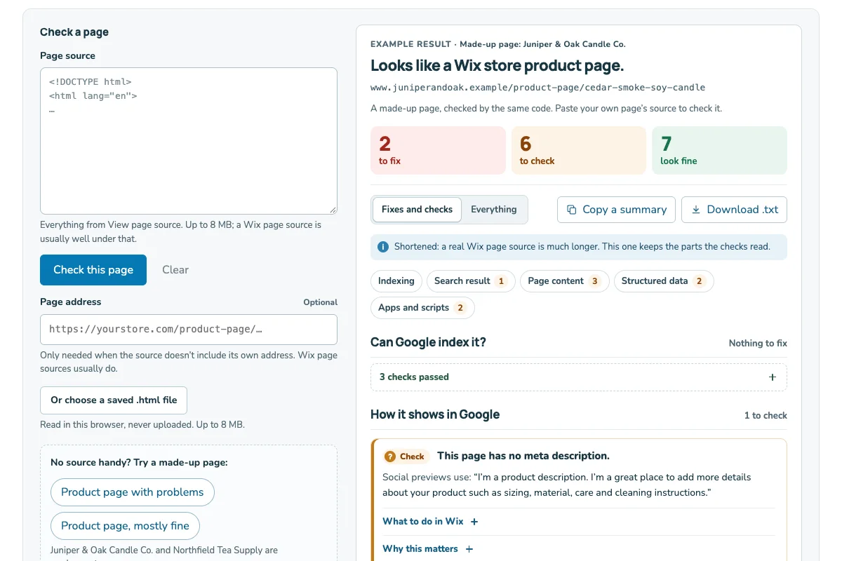 Screenshot of the Wix page checker on a made-up product page: a box to paste a page’s source next to a result that counts two things to fix, six to check and seven that look fine.