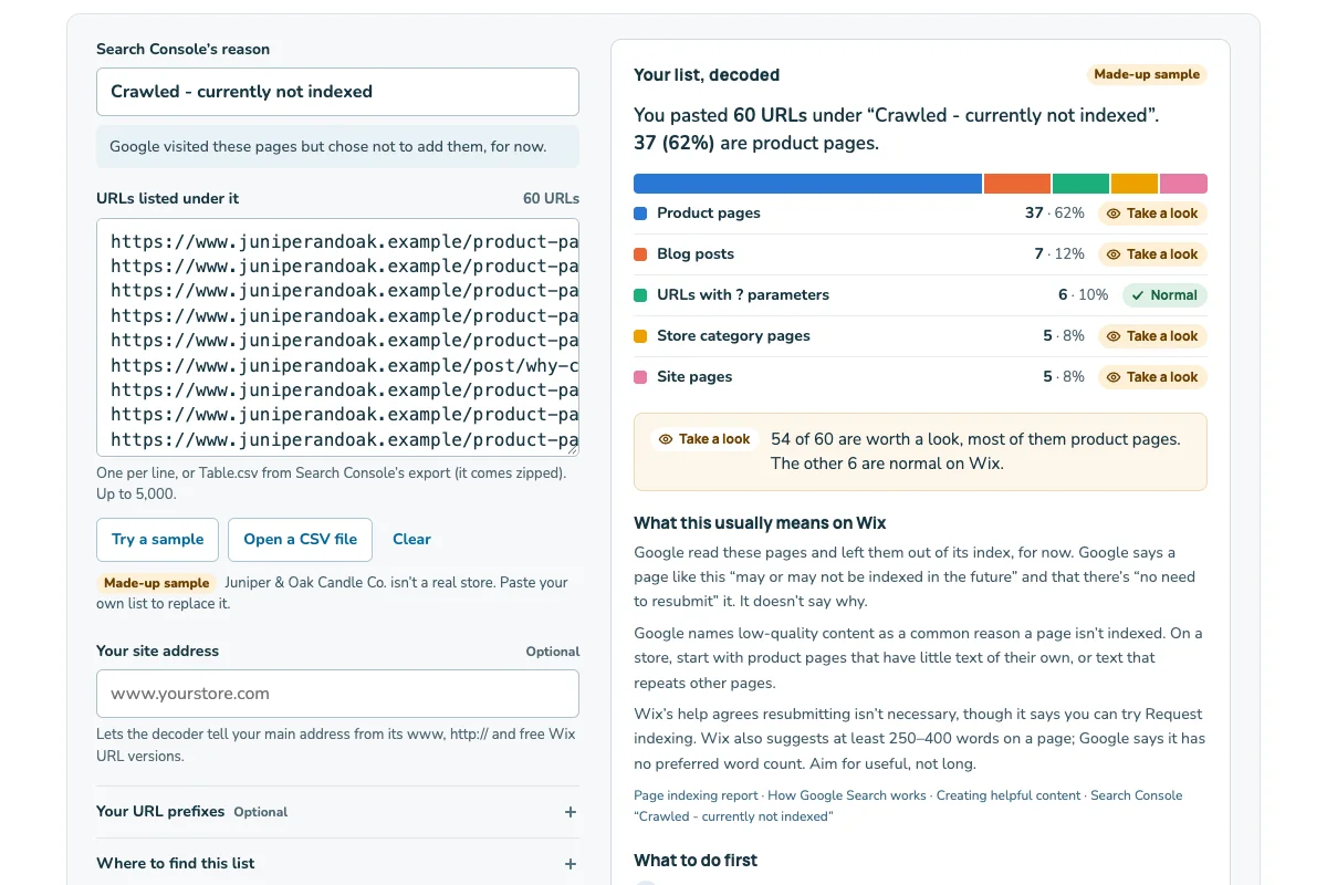 Screenshot of the Wix indexing decoder on a made-up list of 60 addresses from Search Console, sorted by page type with a Take a look or Normal label for each.