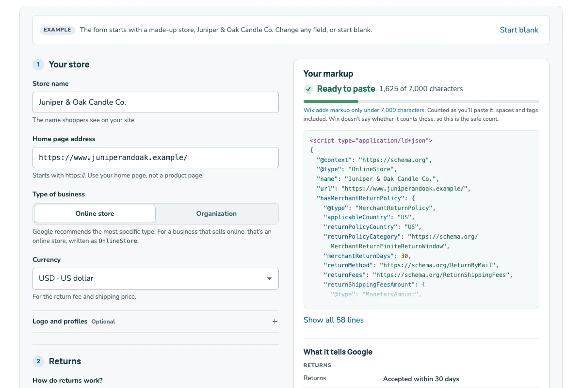 Screenshot of the Wix policy markup builder on a made-up store: a form for returns and shipping next to the markup it writes, with a character count against Wix’s limit.