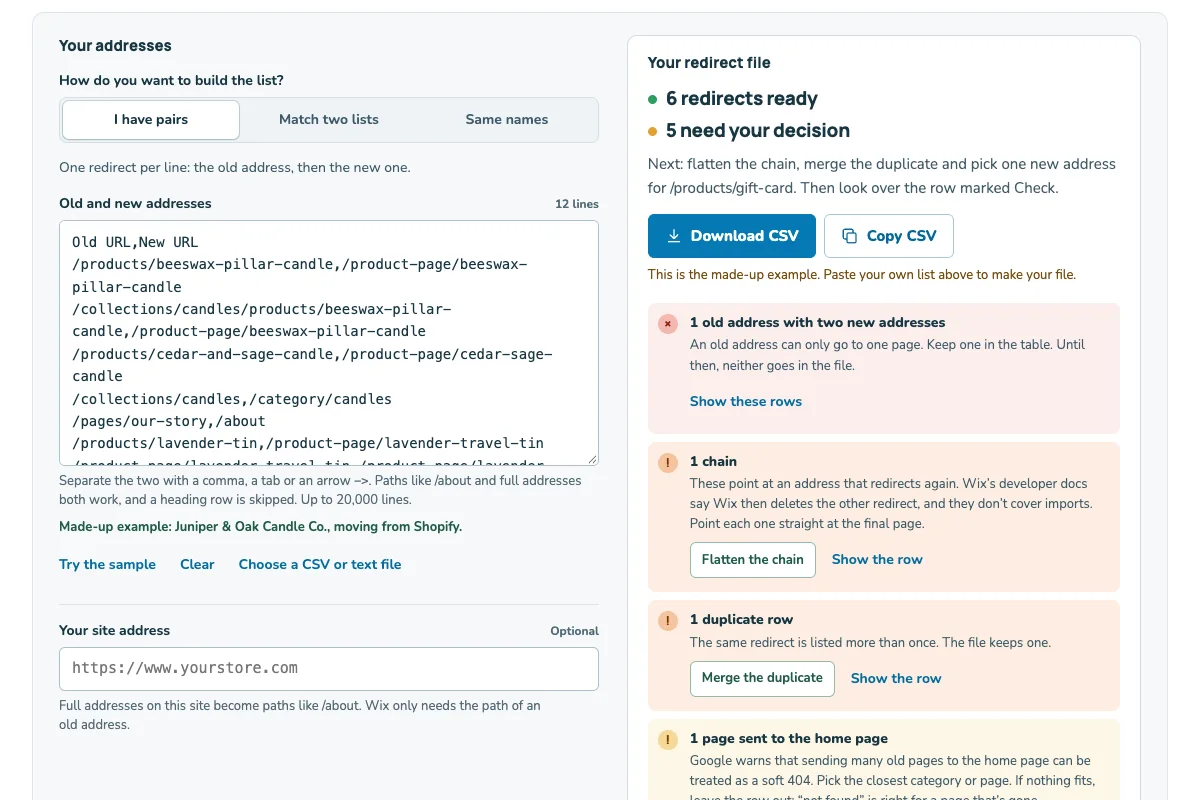 Screenshot of the Wix redirect builder on a made-up list of addresses for a move from Shopify: six redirects ready, five that need a decision.