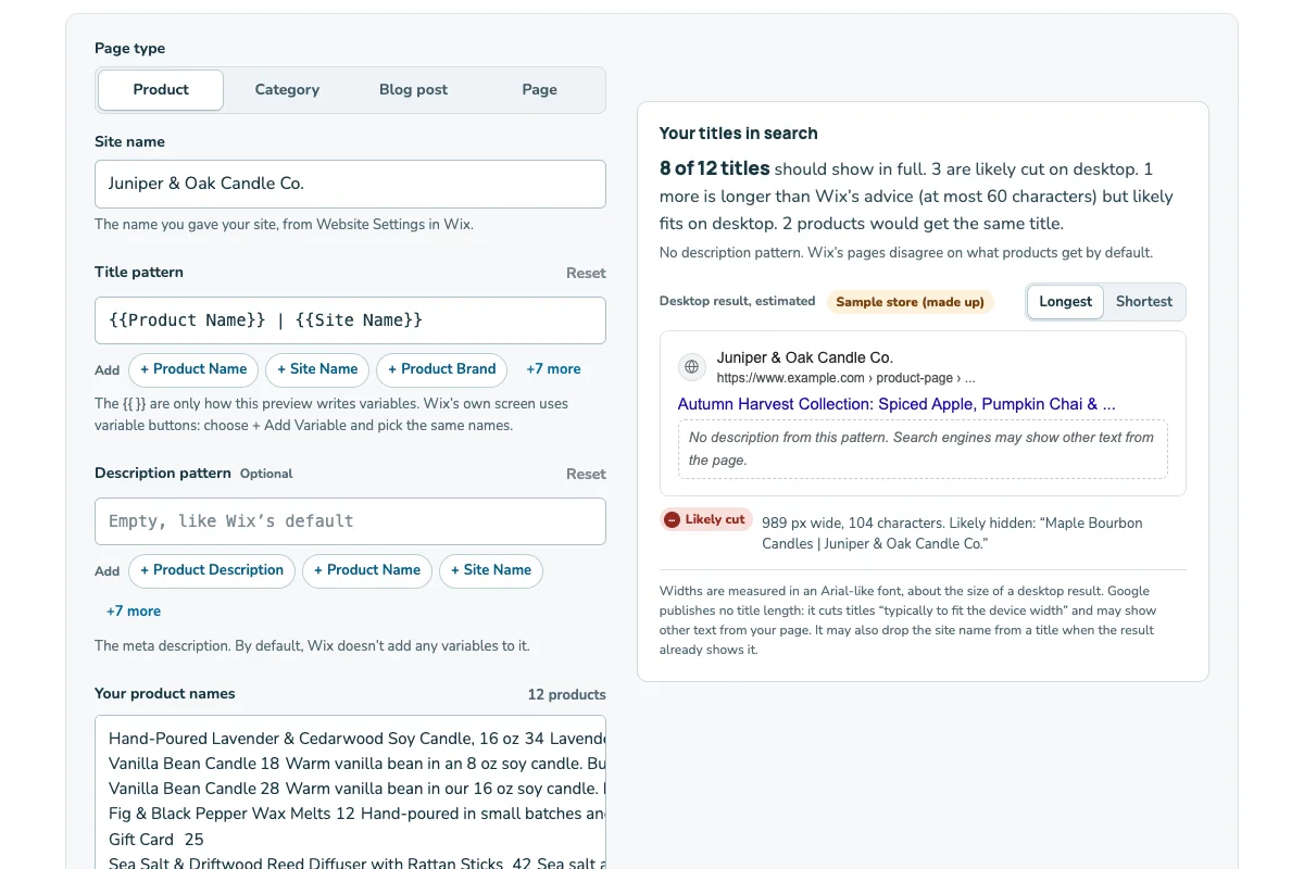 Screenshot of the Wix SEO title preview on a made-up store: a title pattern, a list of product names and a drawn Google result with one long title cut off.